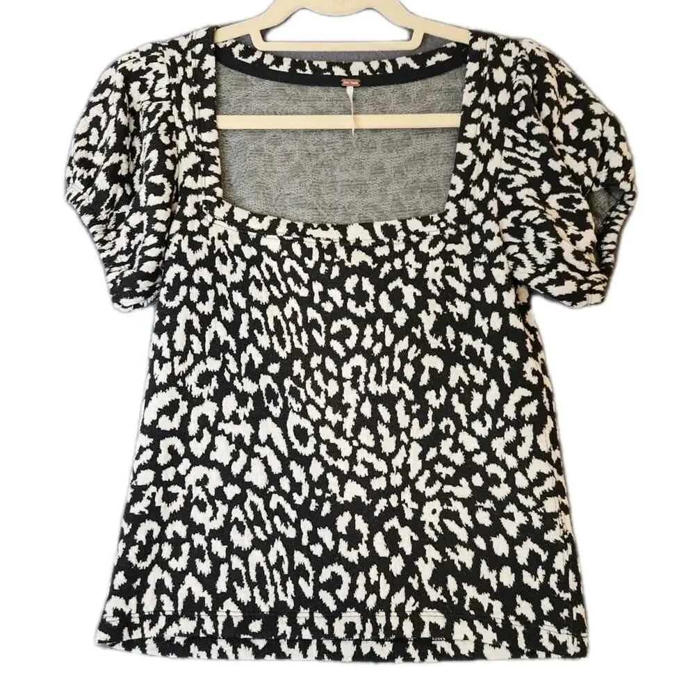 Free‎ People Womens Short Puff Sleeve Square Neck Cheetah Print Shirt Top Sz XS